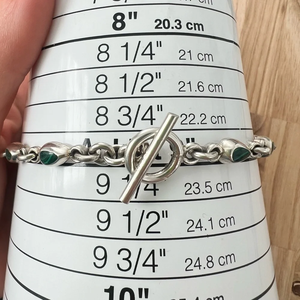 Taxco Sterling silver green malachite teardrop linked bracelet anklet chain